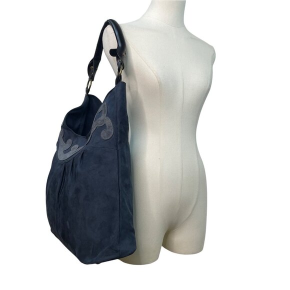 Women’s Dark Blue Faux Leather Embroidered Scroll Design Shoulder Bag - Picture 6 of 10